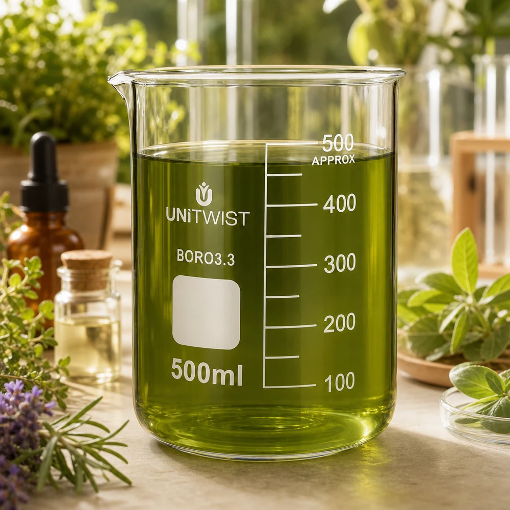 Copo de vidro UNiTWIST de 500 ml, de borossilicato, de formato baixo, cheio de um líquido verde à base de ervas