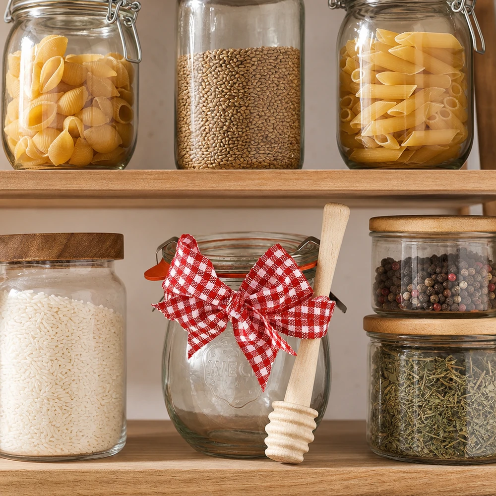Armário de arrumação com frascos WECK para massas e especiarias, mini frasco tulipa de 220 ml com colher de mel como decoração de cozinha