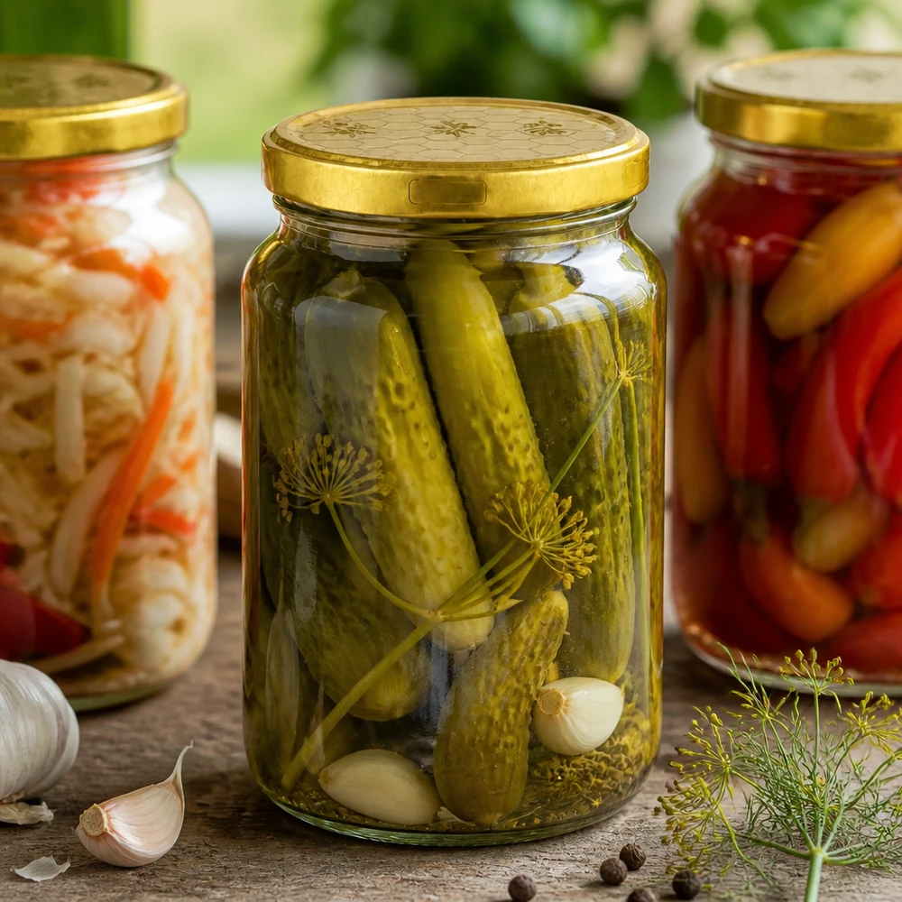 Frasco redondo de 795 ml com tampa dourada para conservas - pepinos, chucrute e pickles mistos em frascos de armazenamento