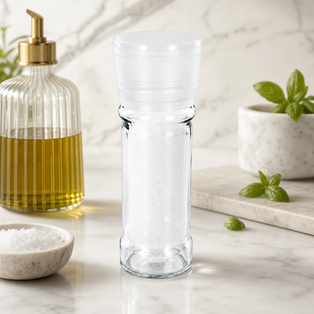 Frasco para sal/especiarias de 100 ml com moinho Vario branco Moinho de sal de 100 ml em vidro transparente com tampa de plástico branca sobre uma bancada de mármore branco