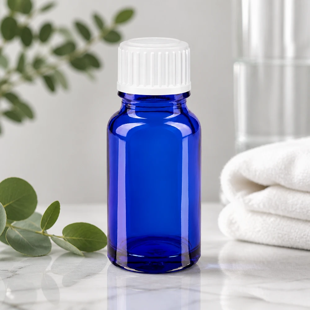 Frasco de farmácia azul 10ml tampa de rosca branco globules standard Pequeno frasco de farmácia azul de 10 ml, em vidro borossilicato, com tampa conta-gotas branca
