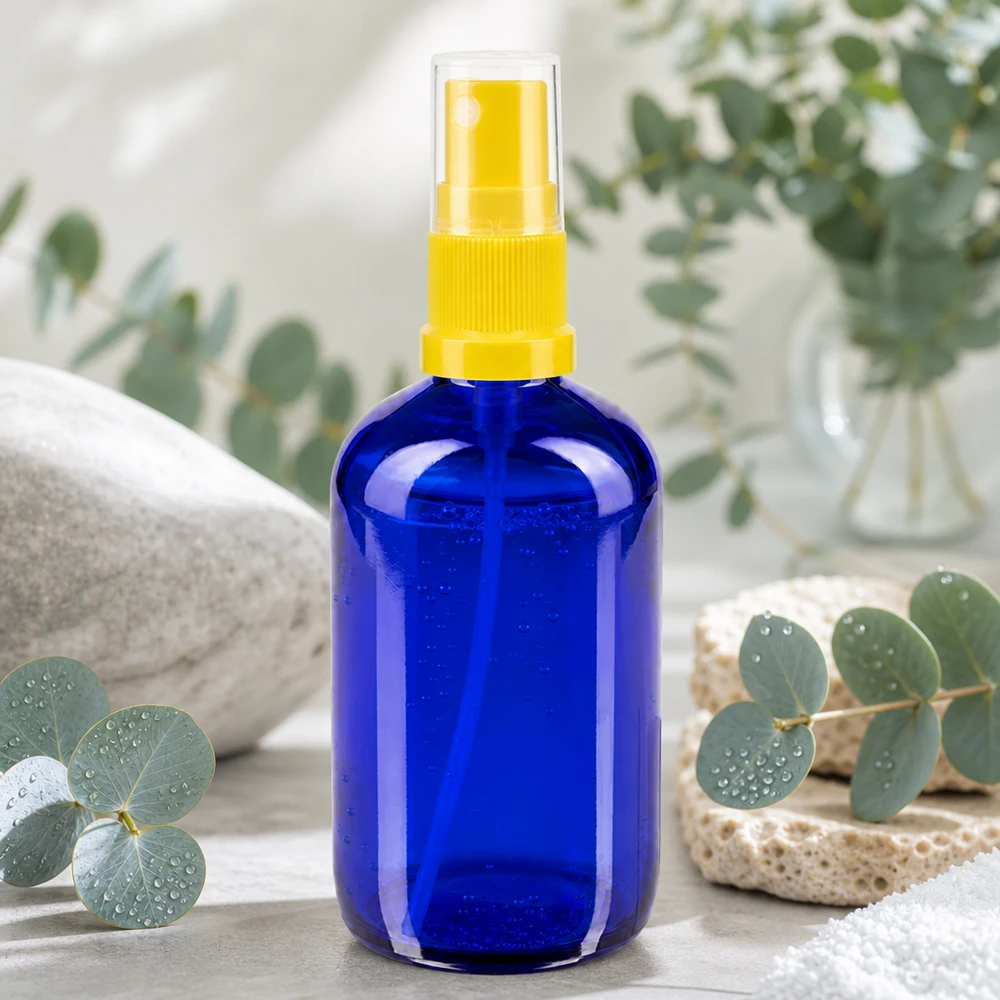 Frasco de farmácia azul 100ml spray top amarelo Frasco de vidro azul de 100 ml com pulverizador amarelo, rodeado por ramos de eucalipto e pedras naturais