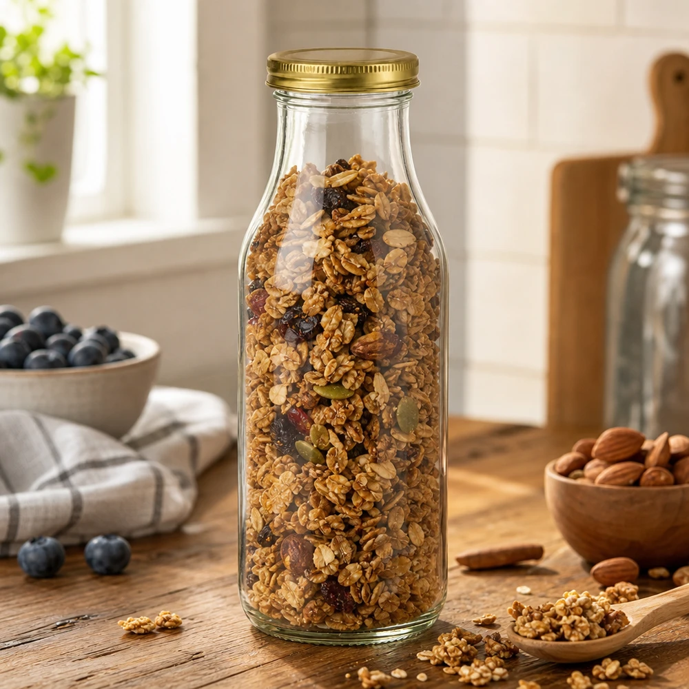 O frasco UNiTWIST263 cheio de muesli mostra a tampa dourada TO43 BioSeal num cenário de cozinha rústica com nozes