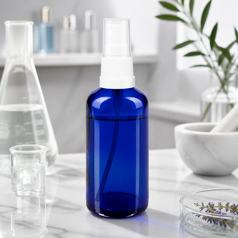 Frasco de farmácia azul 50ml spray top branco Frasco pulverizador azul de 50 ml, de vidro farmacêutico, com ombros arredondados e cabeça pulverizadora branca
