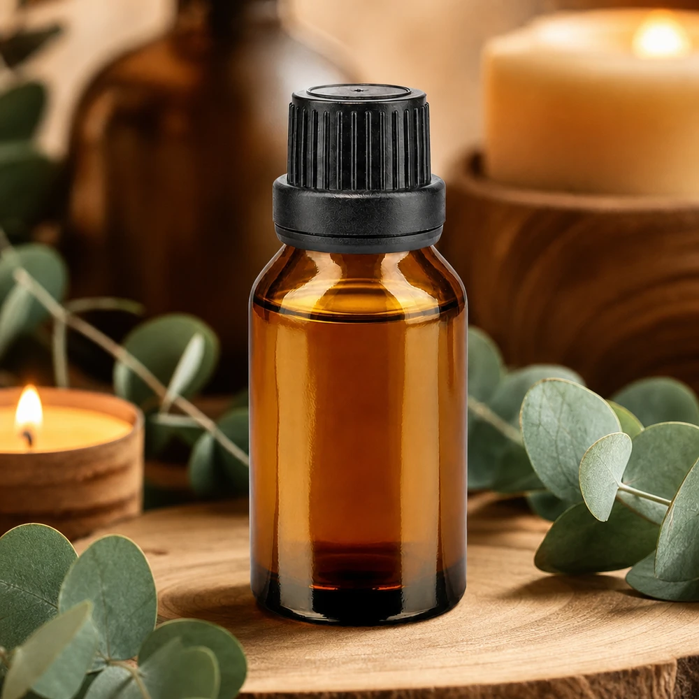 Frasco de farmácia castanho 30ml com tampa de rosca preta com fecho inviolável Garrafa de vidro castanha de 30 ml com tampa conta-gotas preta sobre fundo de madeira com aroma a eucalipto