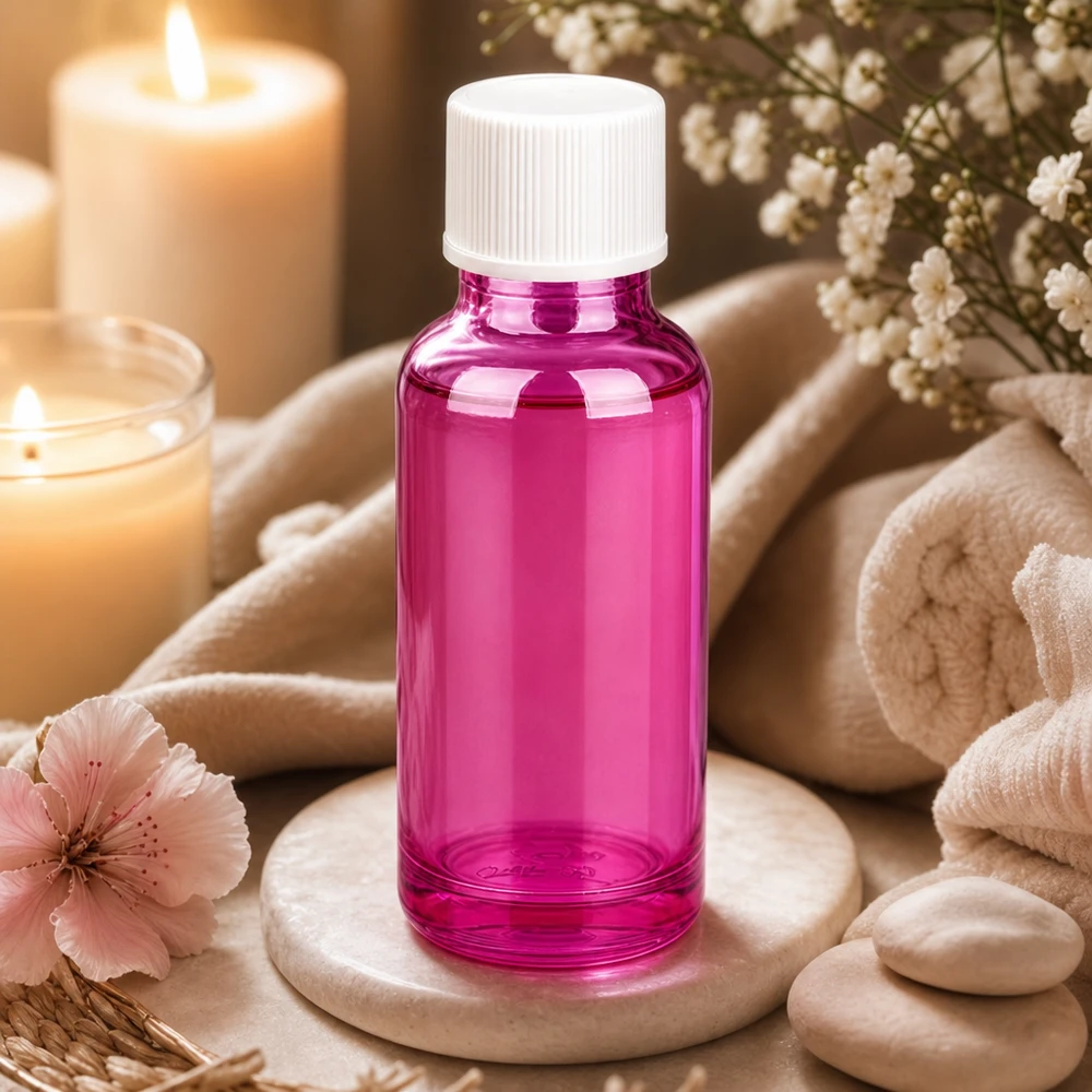 Frasco de 20 ml com tampa de rosca de 11 mm branco padrão PurpleLine UT18/20 Frasco de vidro de 20 ml em roxo brilhante com tampa branca, perfeito para spa e bem-estar