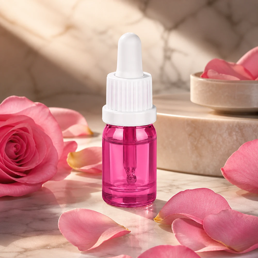 Frasco de pipeta de 5 ml branco originalidade tampa de rosca PurpleLine UT18/5 Frasco pequeno de pipeta de 5 ml em violeta com tampa branca para óleos essenciais e soros