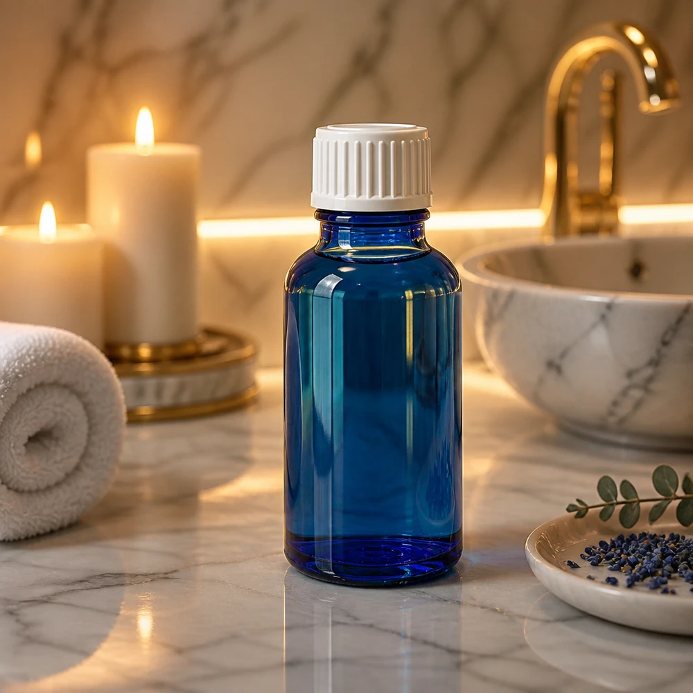 Frasco de farmácia de 20 ml, azul cobalto, com tampa de segurança para crianças branca, sobre fundo de mármore com velas