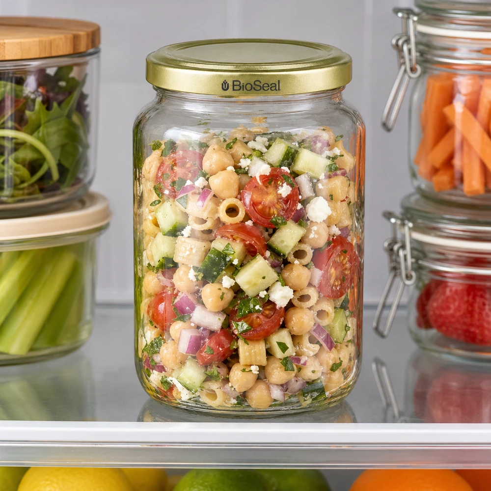 1000g Honigglas mit goldenem Deckel BioSeal UNiTWIST O frasco de mel BioSeal de 1000 g com salada de grão-de-bico colorida e legumes mostra o armazenamento ideal para a preparação de refeições no frigorífico