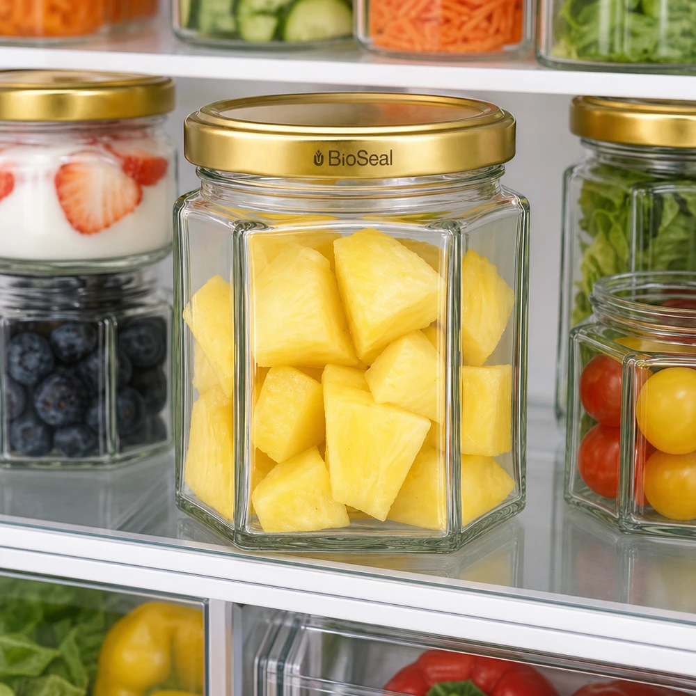 Frasco Hexa de 47 ml com tampa dourada UNiTWIST BioSeal UNiTWIST Hexa47 Glasgefäß mit Ananas-Stücken im Kühlschrank - perfekt für frische Lebensmittel-Aufbewahrung