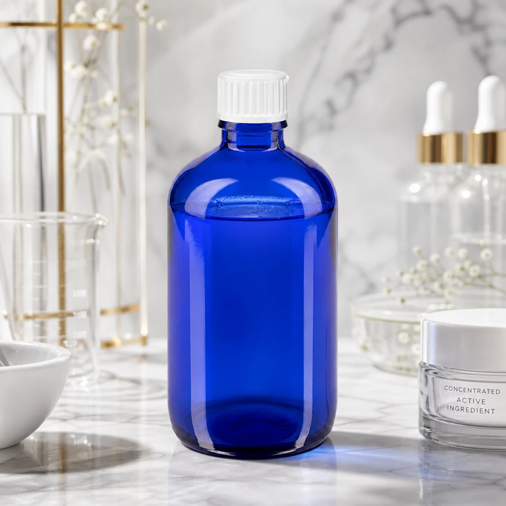 Frasco de vidro azul de 100 ml com tampa branca padrão sobre uma superfície de mármore num laboratório