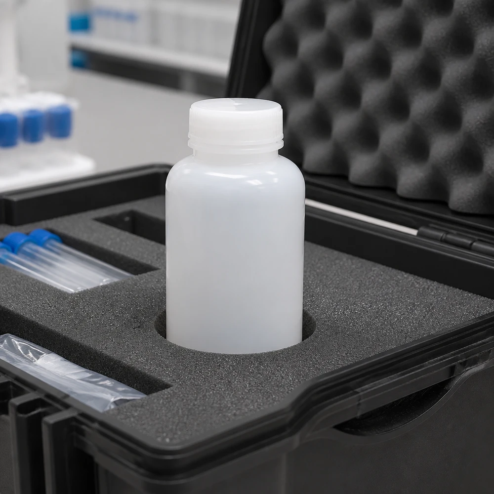 Frasco de laboratório de gargalo largo de 250 ml, guardado em segurança num suporte de espuma dentro de uma mala de transporte