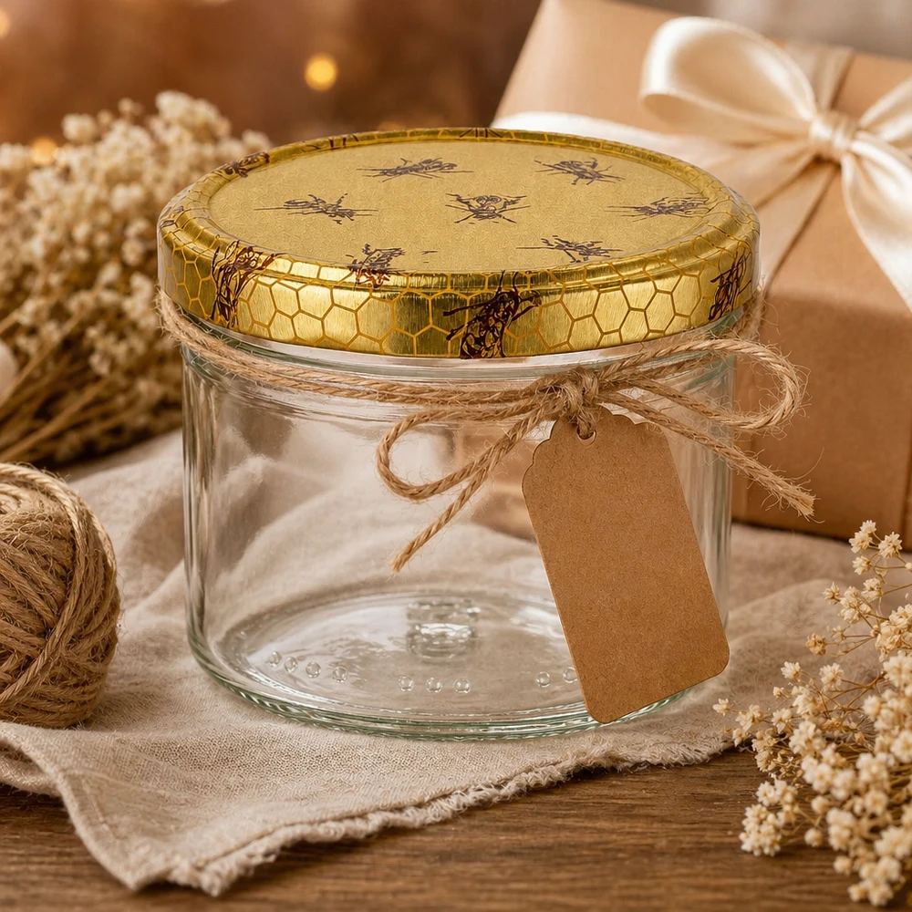 300g Honigglas mit Bienenwabe Deckel BasicSeal UNiTWIST Frasco de mel de 300 g com tampa decorativa com motivo de abelha, embalagem de oferta e apresentação rústica em madeira