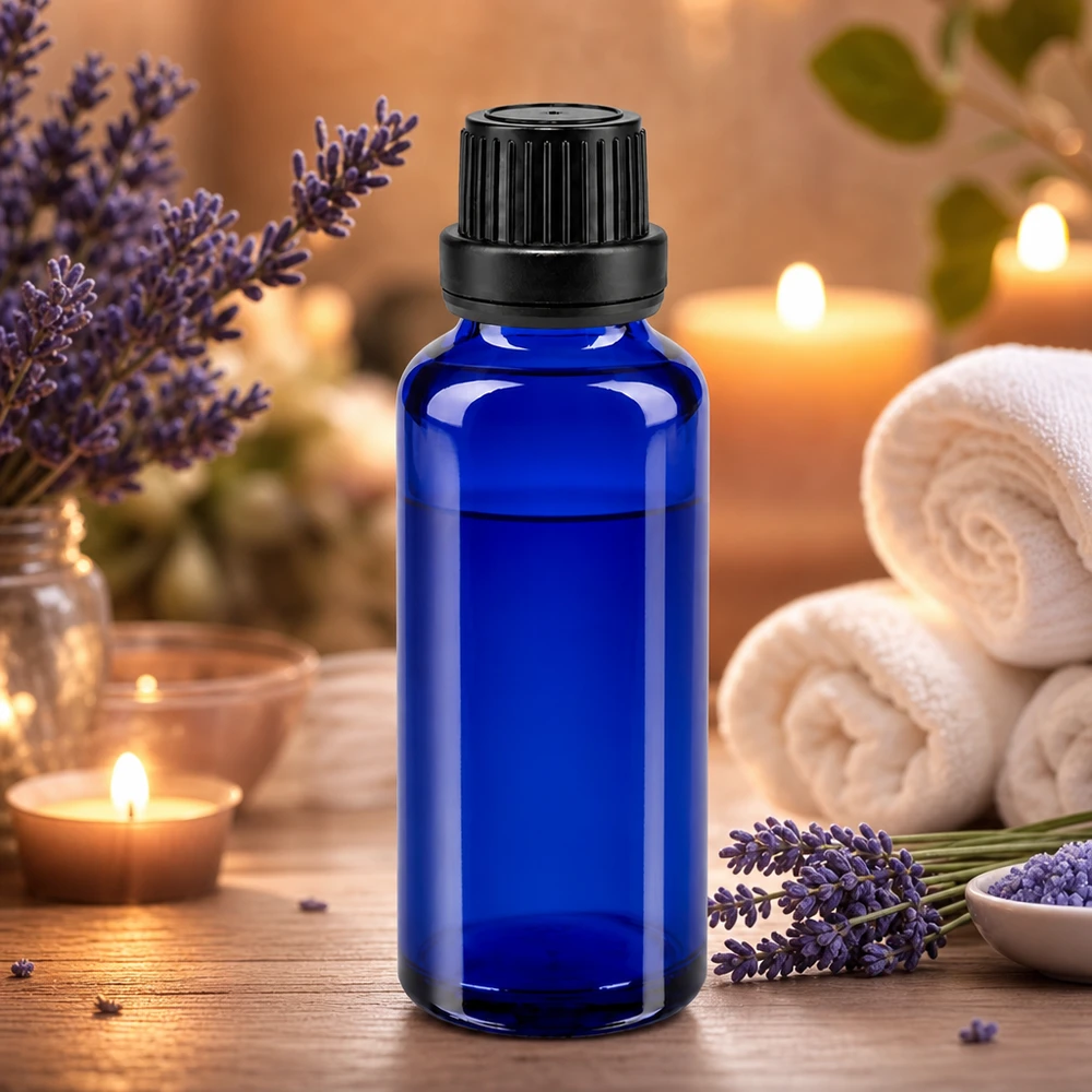 Frasco de farmácia azul 30ml tampa conta-gotas anel de vazamento 2mm preto fecho inviolável Frasco de vidro azul de 30 ml com tampa de rosca preta e conta-gotas para óleos essenciais