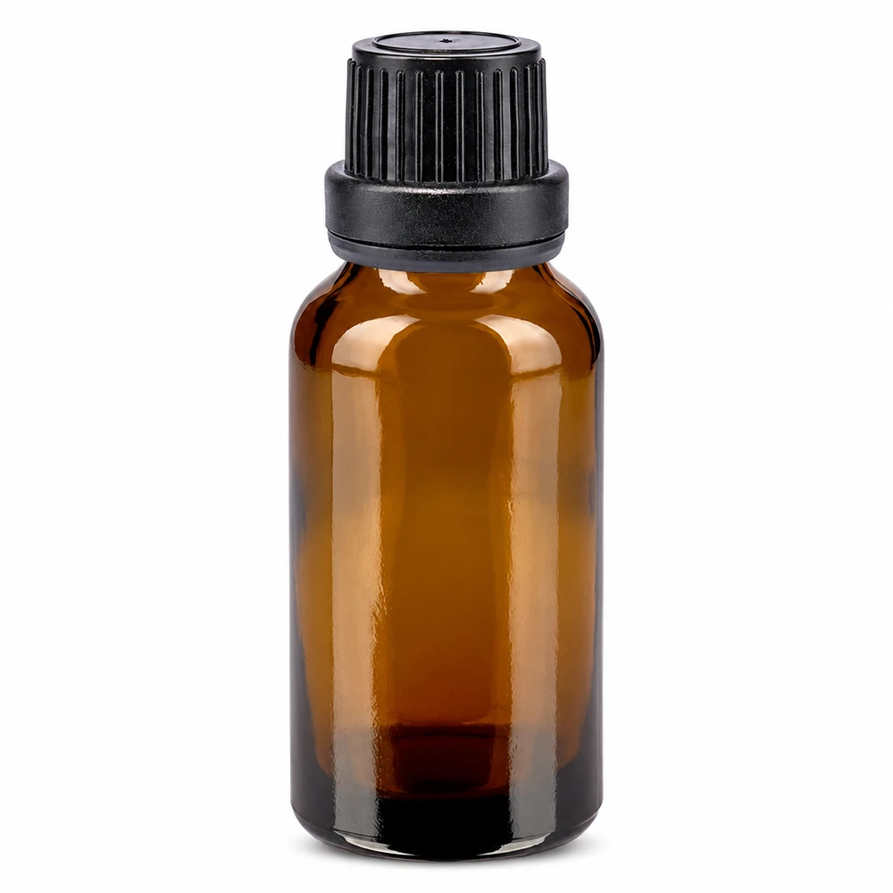 Frasco de farmácia castanho de 20 ml com tampa de segurança preta de 11 mm, em vidro castanho de alta qualidade