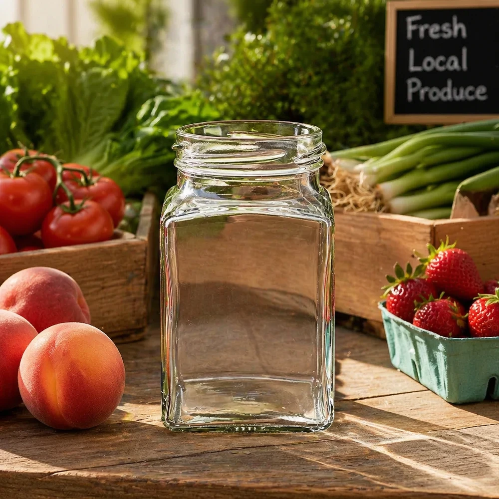UNiTWIST Tetra260 Frasco de 4 cantos 260ml Frasco de conservação TO58 entre frutas e legumes frescos sobre mesa de madeira