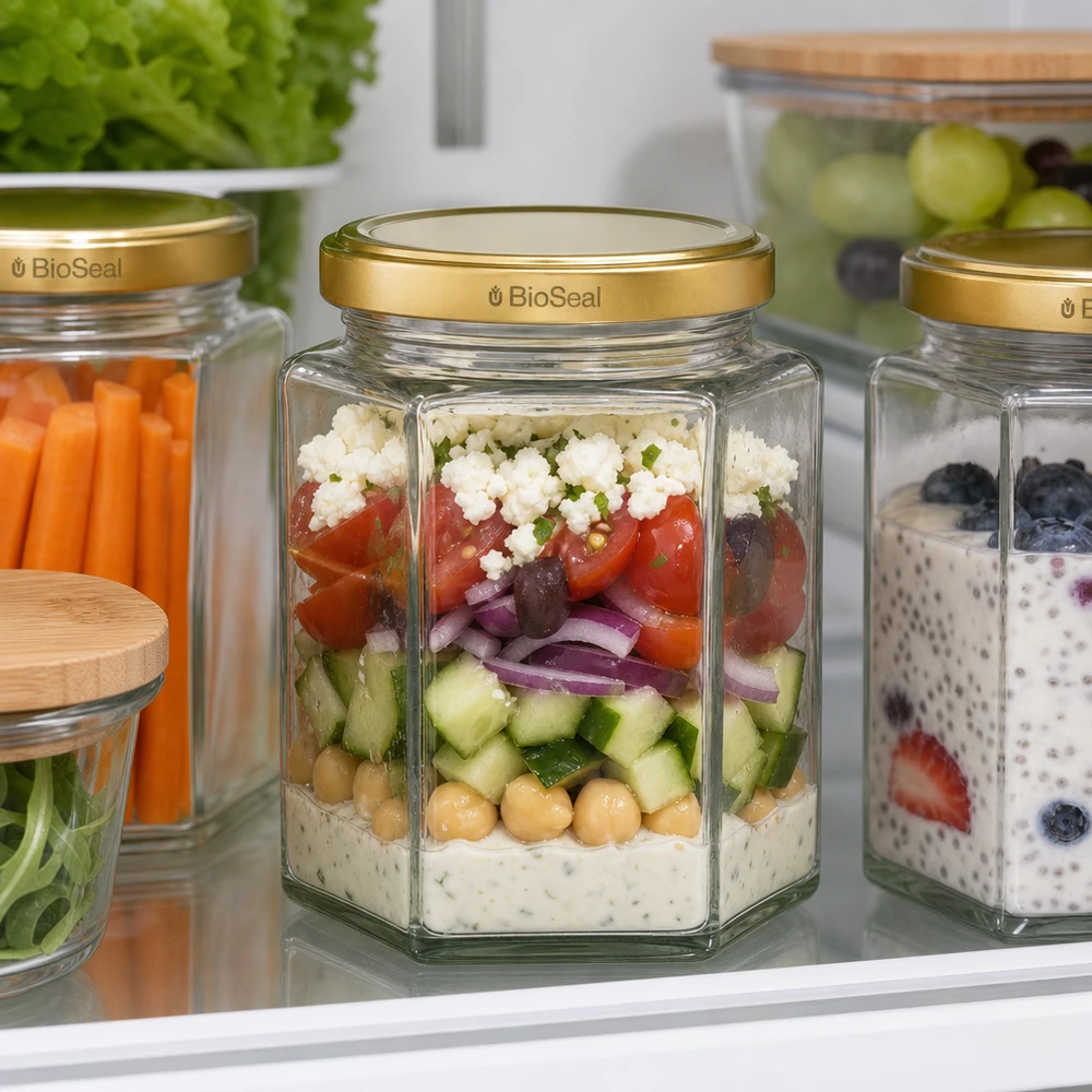 Frasco de preparação de refeições UNiTWIST Hexa390 com tampa BioSeal para salada em camadas no frigorífico para armazenamento