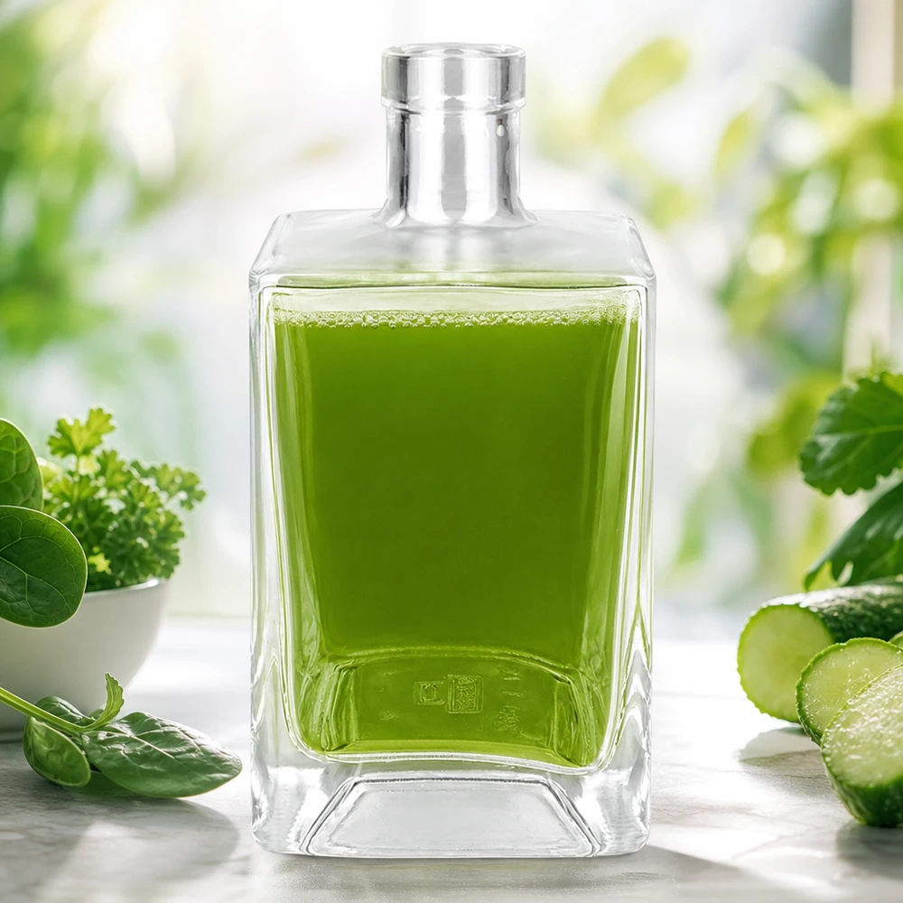 700ml Glasflasche "Gali" ohne Verschluss UNiTWIST® Garrafa de vidro Ben 700ml cheia de sumo verde rodeado de ervas frescas, pepino e espinafres como um batido de desintoxicação