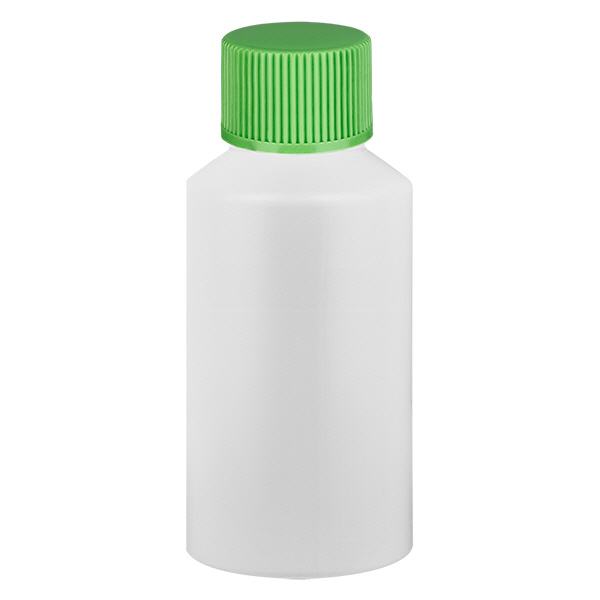 Frasco de farmácia HDPE 50ml branco, com tampa de rosca verde