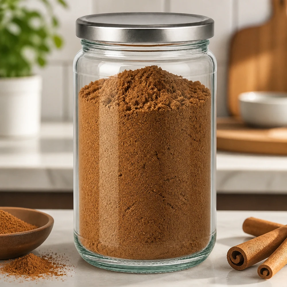 Frasco redondo de 305 ml cheio de cacau em pó e tampa BasicSeal prateada num cenário de cozinha com paus de canela