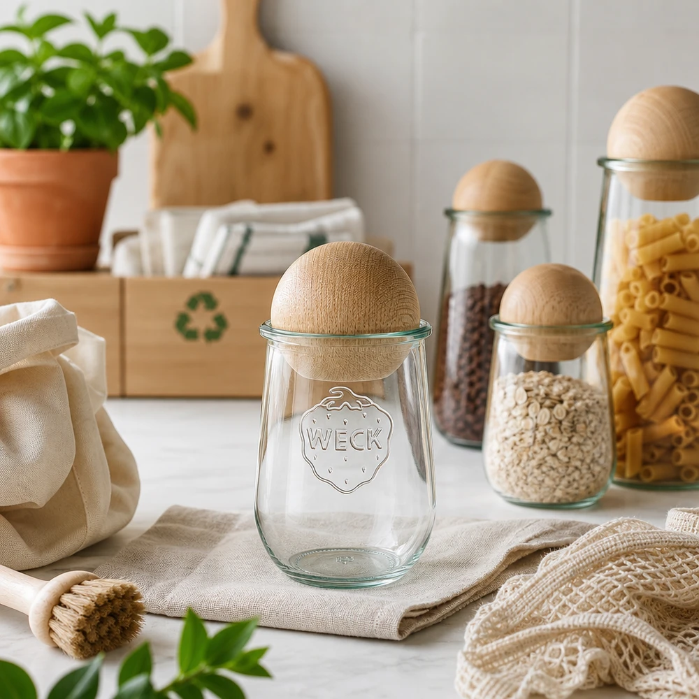 Frasco tulipa de 1062ml WECK RR100 com bola de madeira faia Jarro tulipa WECK 1062ml RR100 com bola de faia em cozinha sustentável de desperdício zero com símbolo reciclado e materiais naturais