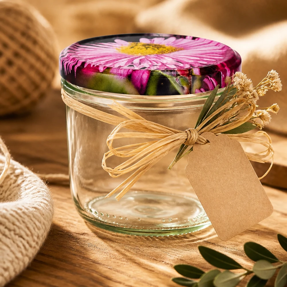 Copos de 230 ml em embalagem para oferta com tampa floral BasicSeal, laço de ráfia e pendente numa base de madeira