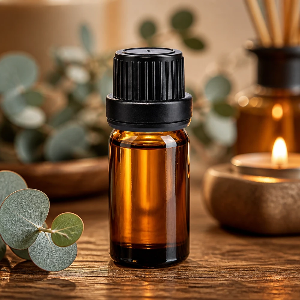 Pequeno frasco de vidro castanho de 5 ml com tampa de rosca preta para óleos essenciais