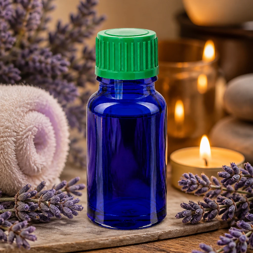 Frasco conta-gotas azul de 10 ml STD BlueLine com tampa de rosca verde para aromaterapia