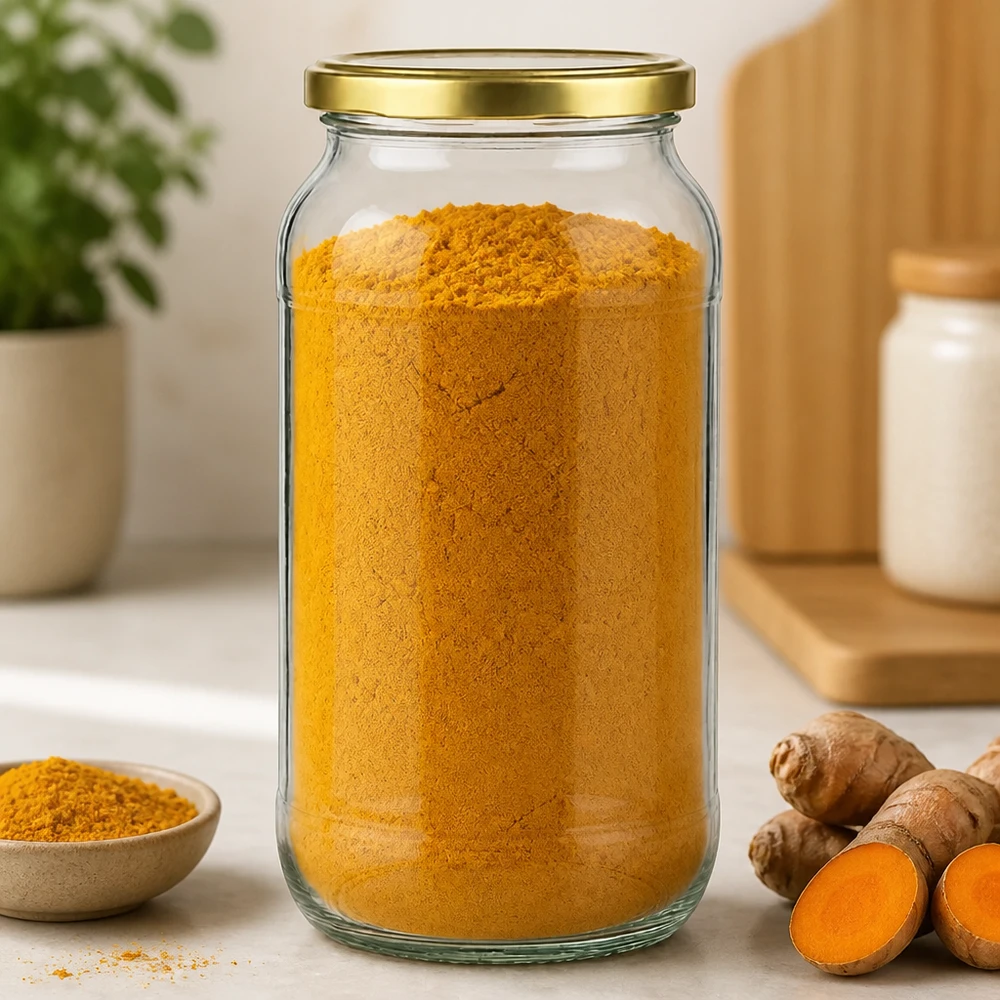 Frasco redondo de 1062 ml com tampa BasicSeal dourada UNiTWIST Frasco redondo de 1062 ml com tampa dourada BasicSeal cheio de curcuma em pó ao lado de raiz de curcuma fresca na bancada da cozinha