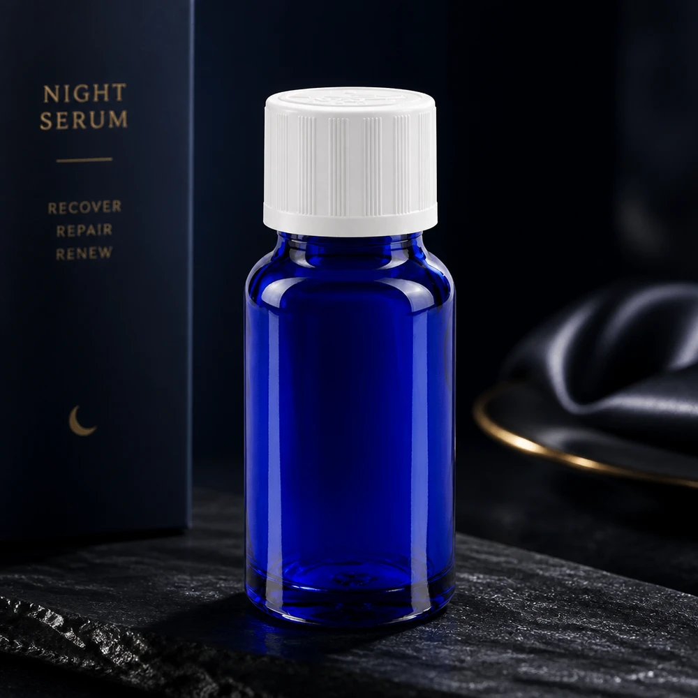 Frasco de farmácia azul 10ml tampa de rosca branca padrão resistente a crianças Frasco de farmácia azul de 10 ml com tampa de segurança para crianças branca, para a embalagem do Night Serum