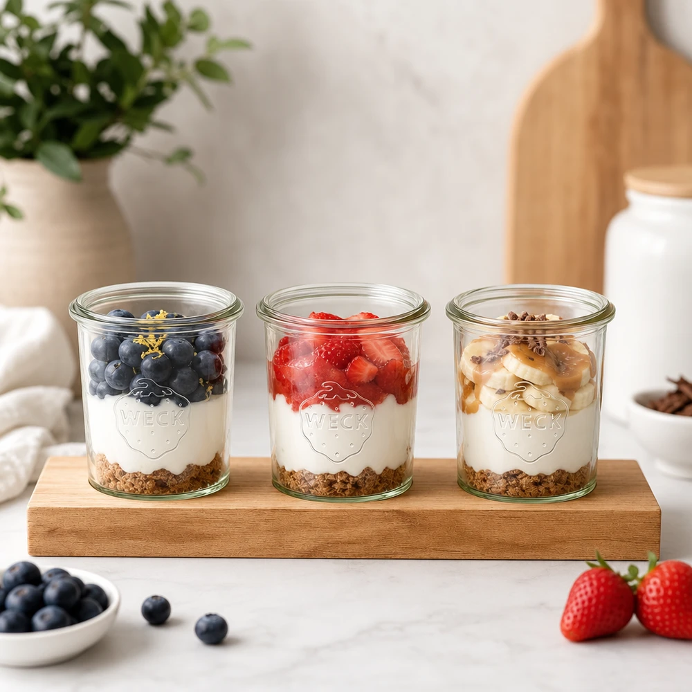 Tábua de servir Plano3 com 3 copos Weck de 160 ml Tábua de servir Plano3 com frascos Weck como um parfait de iogurte com frutos silvestres, granola e nozes numa cozinha de cores claras