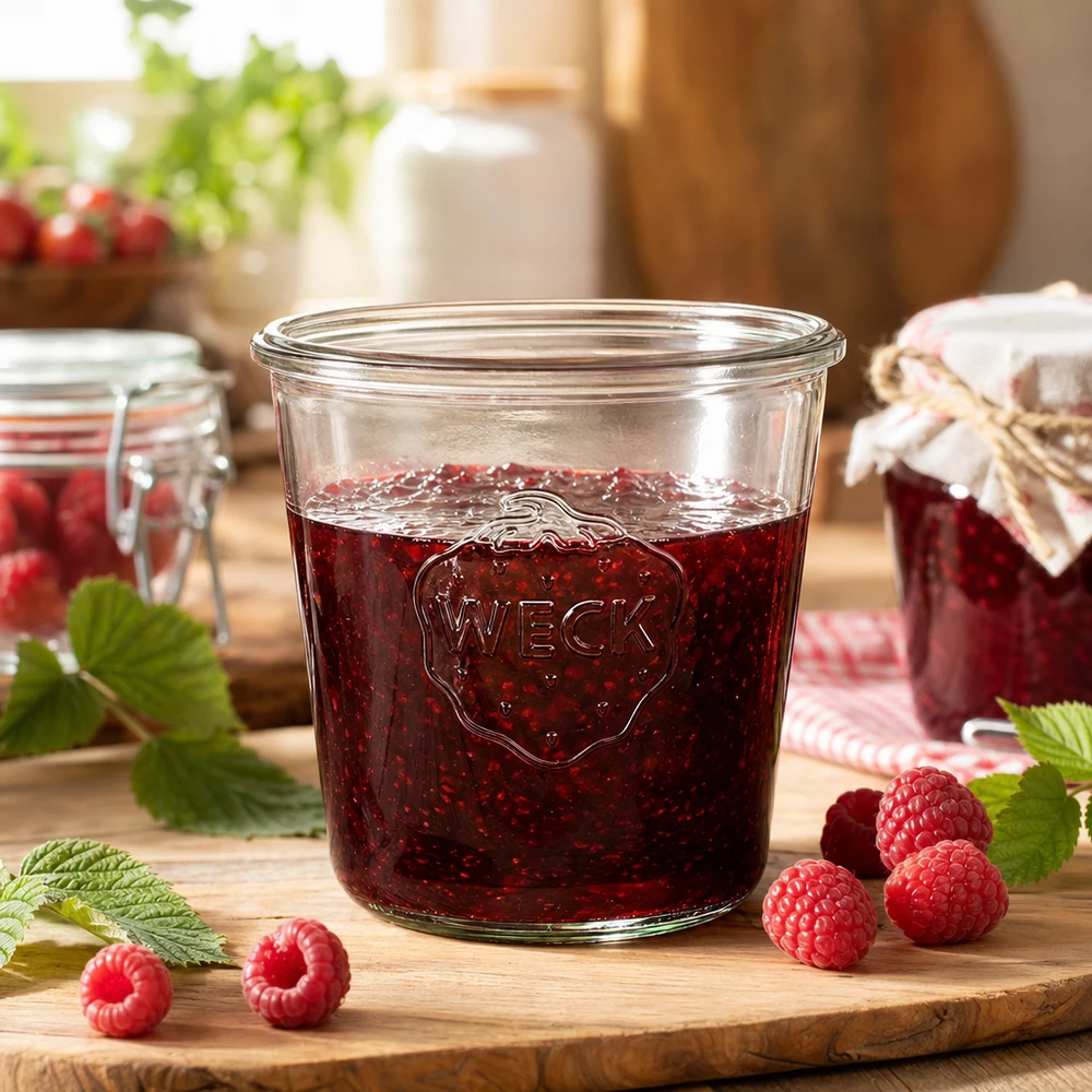 Copos de vidro de 580 ml WECK RR100 Frasco WECK RR100 de 580 ml cheio de compota de framboesa numa tábua de madeira com framboesas frescas e folhas de hortelã