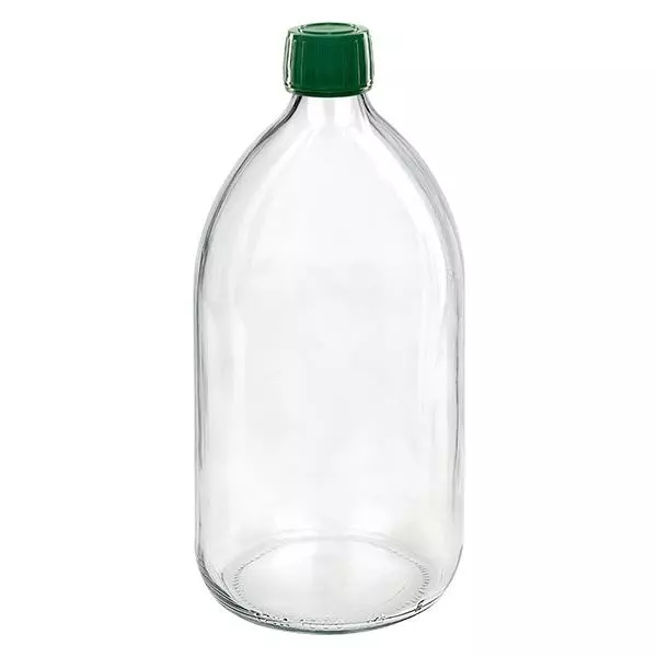 Frasco de medicamento de 1000ml transparente, tampa verde com anel inviolável ApoGlas Frasco de medicamento de 1000ml transparente, tampa verde com anel inviolável ApoGlas