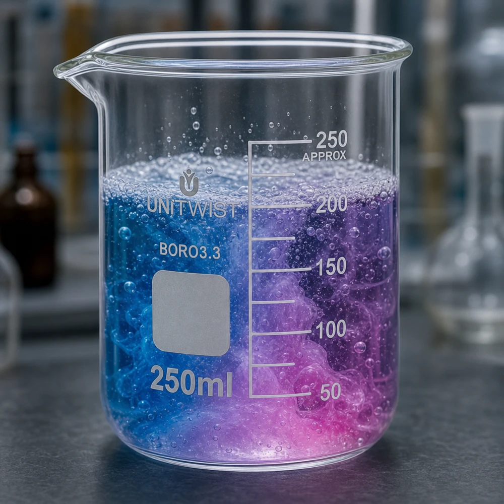Copo de vidro de 250 ml, de formato baixo, com reação azul-violeta, em borossilicato 3.3 resistente ao calor
