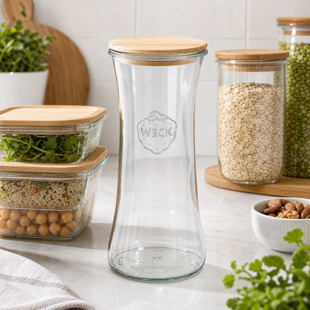 Frasco de charcutaria WECK 700ml vazio na cozinha moderna com frascos de arrumação e arrumação organizada de alimentos
