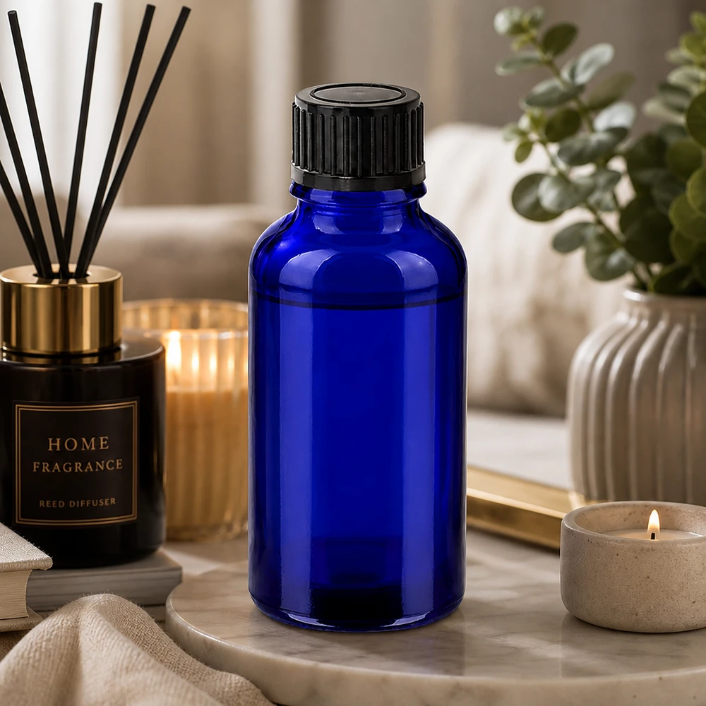 Frasco de vidro azul-cobalto de 30 ml com tampa normalizada de 11 mm para aromaterapia profissional