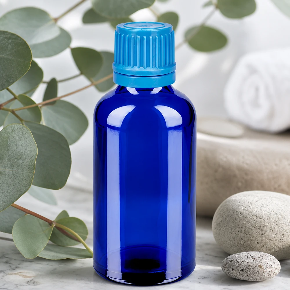 Frasco de 50ml com tampa de rosca de 11mm azul com fecho inviolável BlueLine UT18/50 Frasco conta-gotas compacto de 50 ml em vidro azul com tampa de segurança para crianças para aplicações laboratoriais