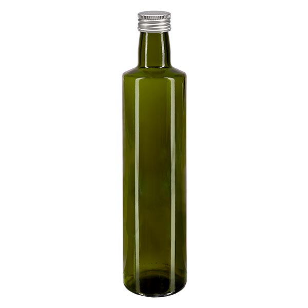 Frasco de 500ml com tampa de rosca redonda verde azeitona com tampa de prata