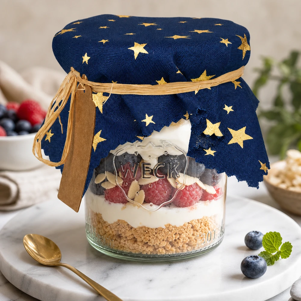Pano de cozinha azul "estrelas" 15cm quadrado Blaues Sternenmuster Schmuckdeckchen auf Dessertglas mit Beeren und Sahne - dekoratives Stoffdeckchen 15cm eckig