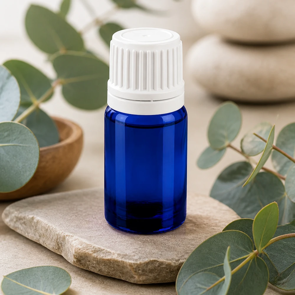 Frasco conta-gotas de 5 ml com tampa inviolável branca de 0,7 mm BlueLine UT18/5 Frasco conta-gotas de 5 ml de alta qualidade em azul elegante com uma prática tampa de rosca branca