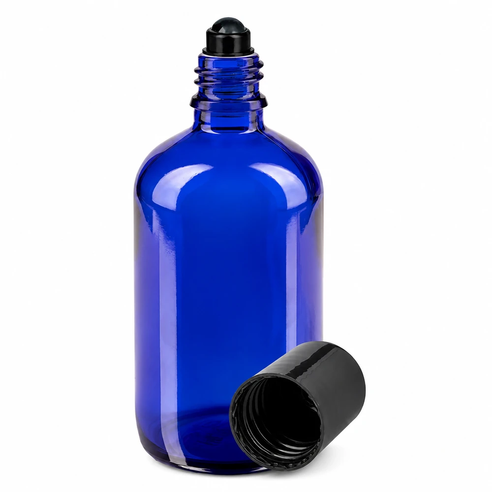 Frasco de farmácia azul 100ml tampa roll-on preta Frasco azul de 100 ml com aplicador de bola, em vidro de farmácia, com tampa preta com aplicador de bola