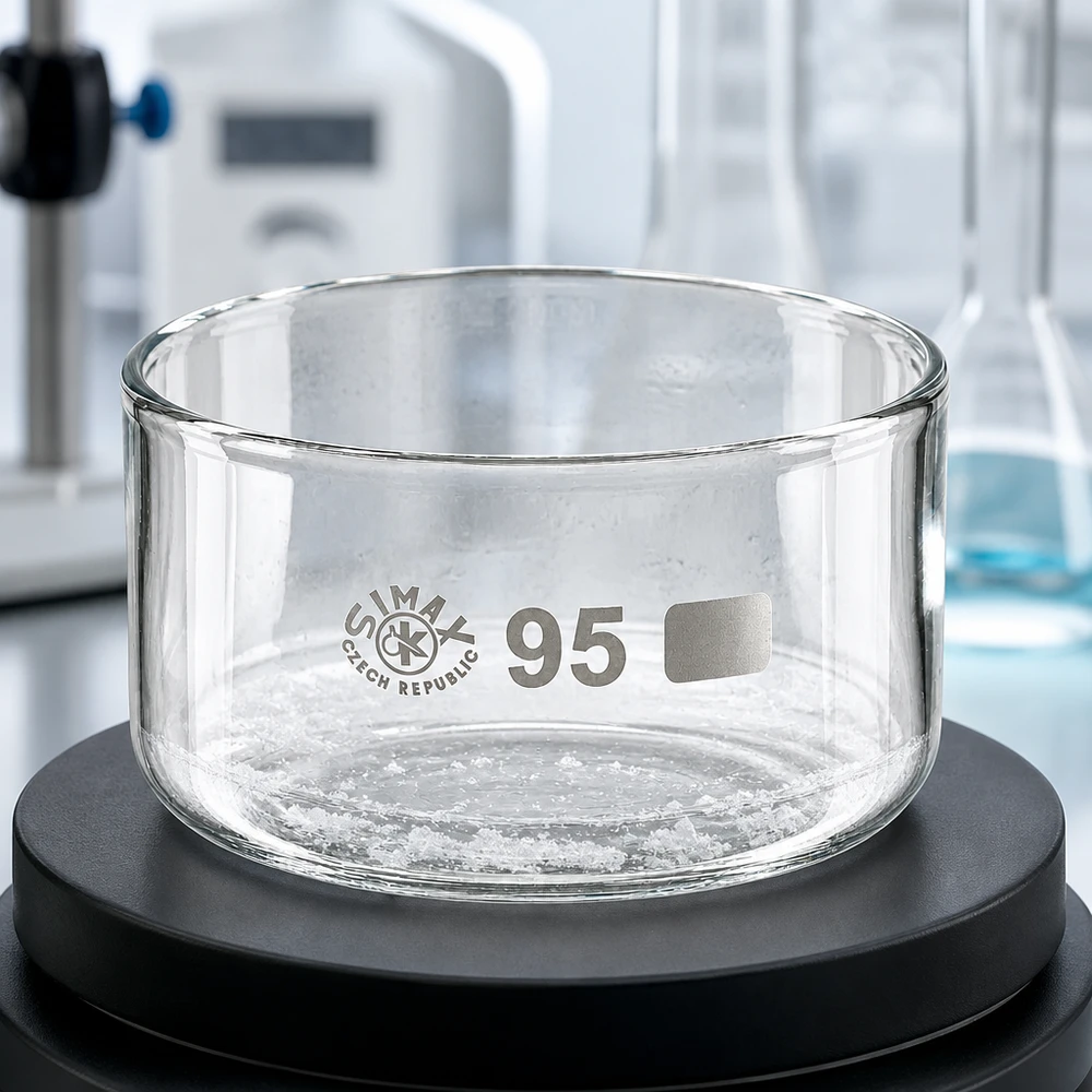 300ml Kristallisierschale ohne Ausguss Borosilikat ø95mm Taça de cristalização vazia de 300 ml sobre balança de laboratório preta, em vidro borossilicato Simax, com 95 mm de diâmetro