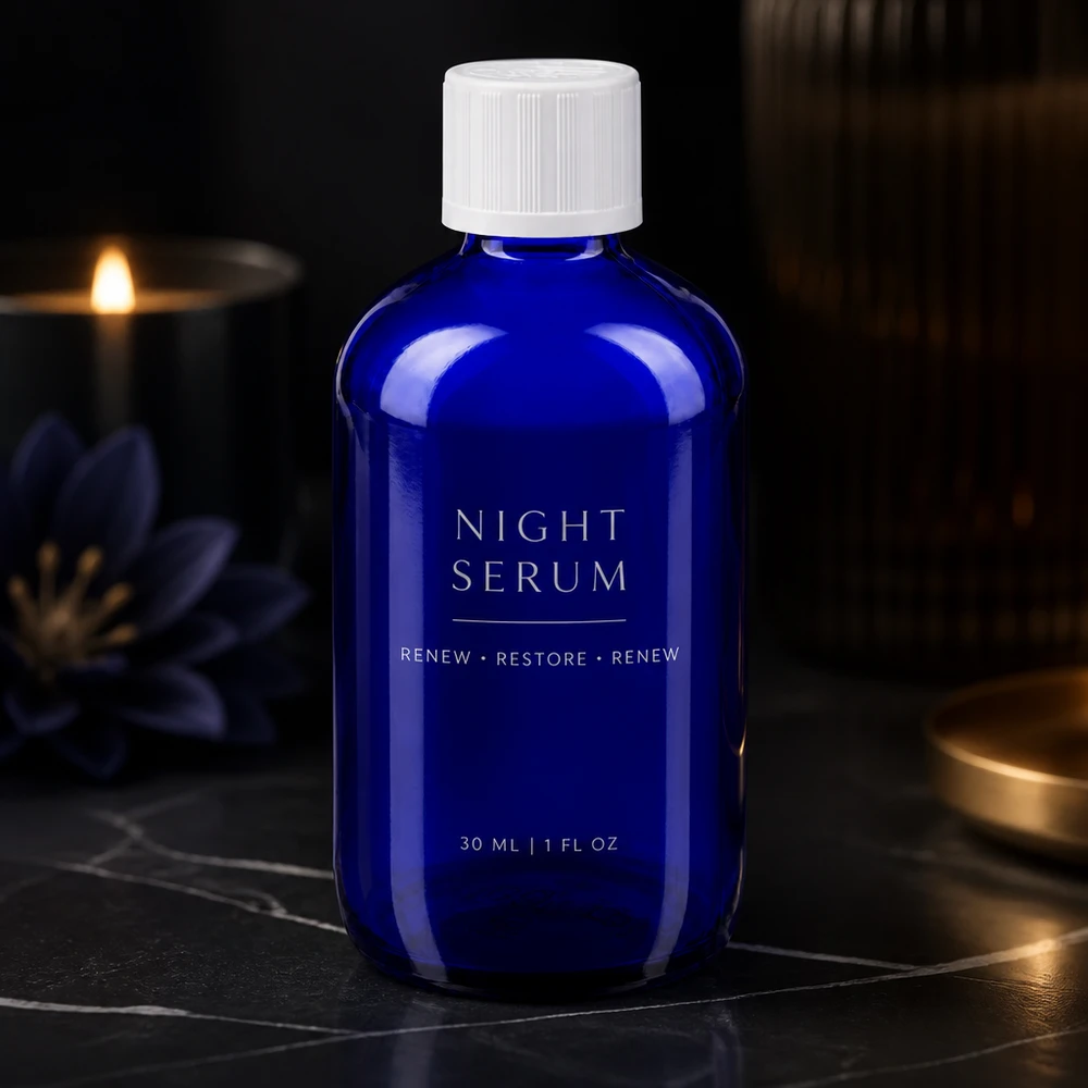 Frasco de vidro azul de 100 ml com tampa de segurança infantil branca, como embalagem do sérum noturno