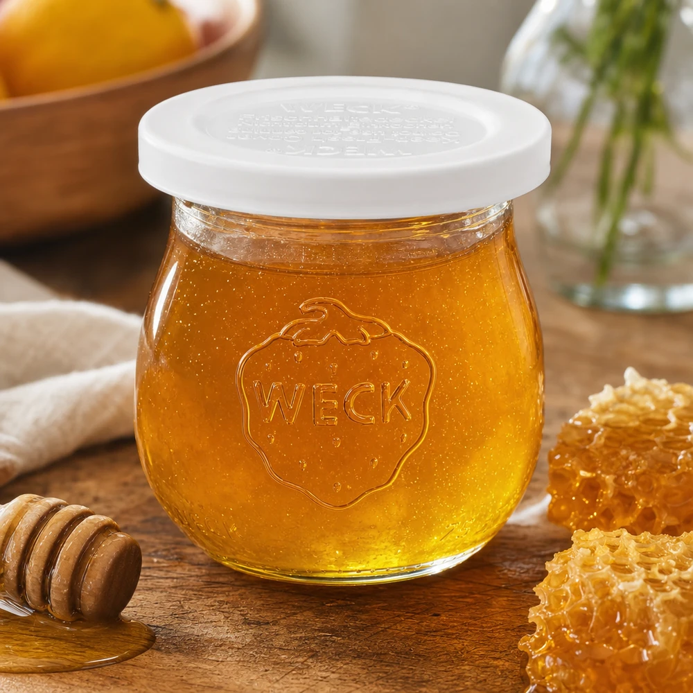 Frasco tulipa de 75ml com tampa de frescura WECK RR40 WECK Tulpenglas 75ml mit Honig befüllt neben Waben und Honiglöffel zeigt vielseitige Verwendung des RR40 Einmachglases