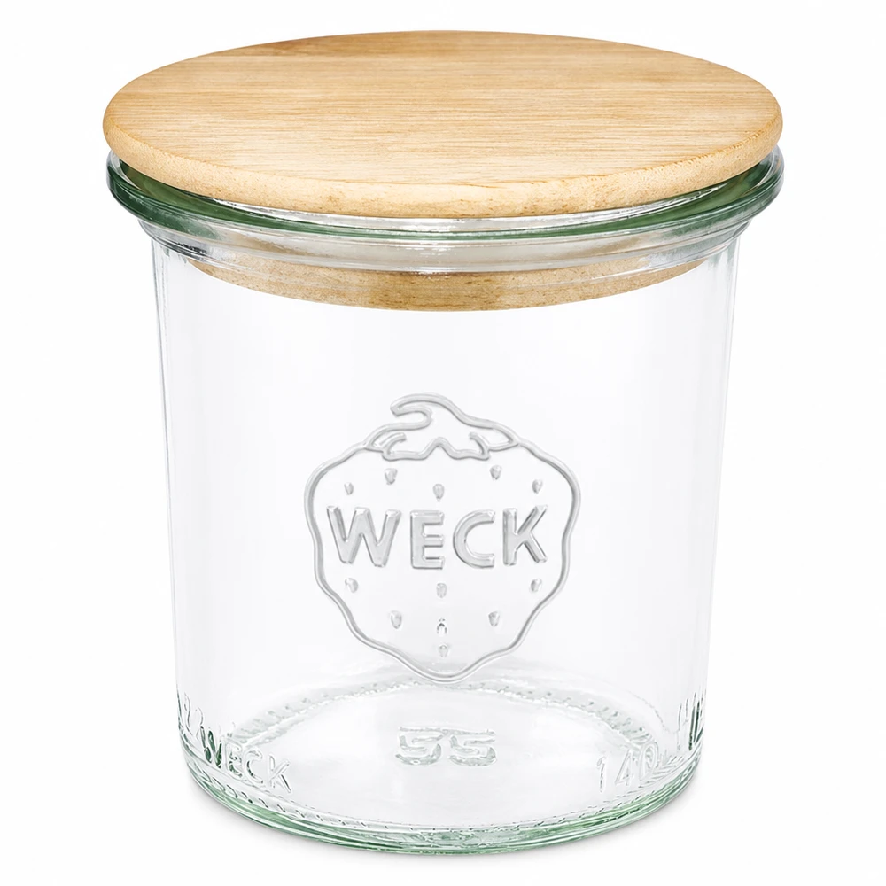 Copos de vidro de 140 ml WECK RR60 com tampa de madeira Frasco de vidro de 140 ml WECK RR60 com tampa de madeira Frasco de vidro transparente com tampa de madeira natural para cozinha