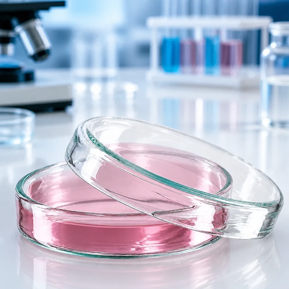 Placa de Petri de 60 mm em vidro transparente de laboratório para o cultivo de microrganismos e culturas de células. Altura 15 mm Duas placas de Petri de vidro, com 60 x 15 mm, contendo meio de cultura celular cor-de-rosa, empilhadas uma sobre a outra num ambiente de laboratório