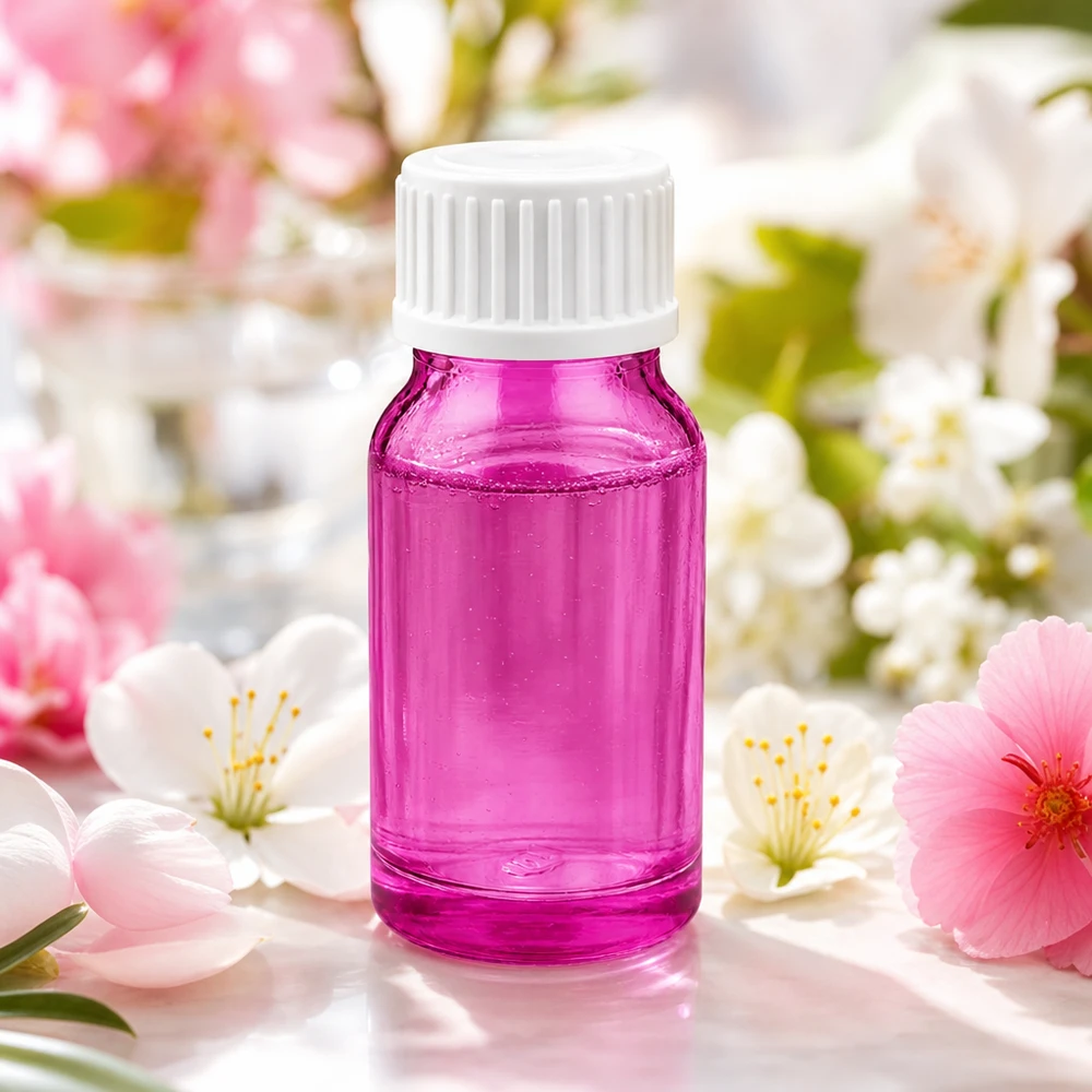 Frasco conta-gotas de 10 ml com rosca STD e tampa UT18/10 branca com um elegante design roxo