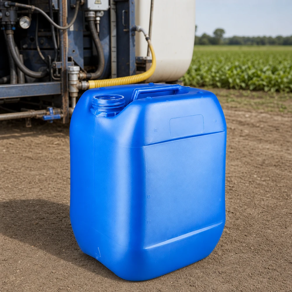 Bidão 10 litros azul sem tampa Bidão azul de 10 litros sem tampa ao lado de um pulverizador agrícola num campo de cultivo
