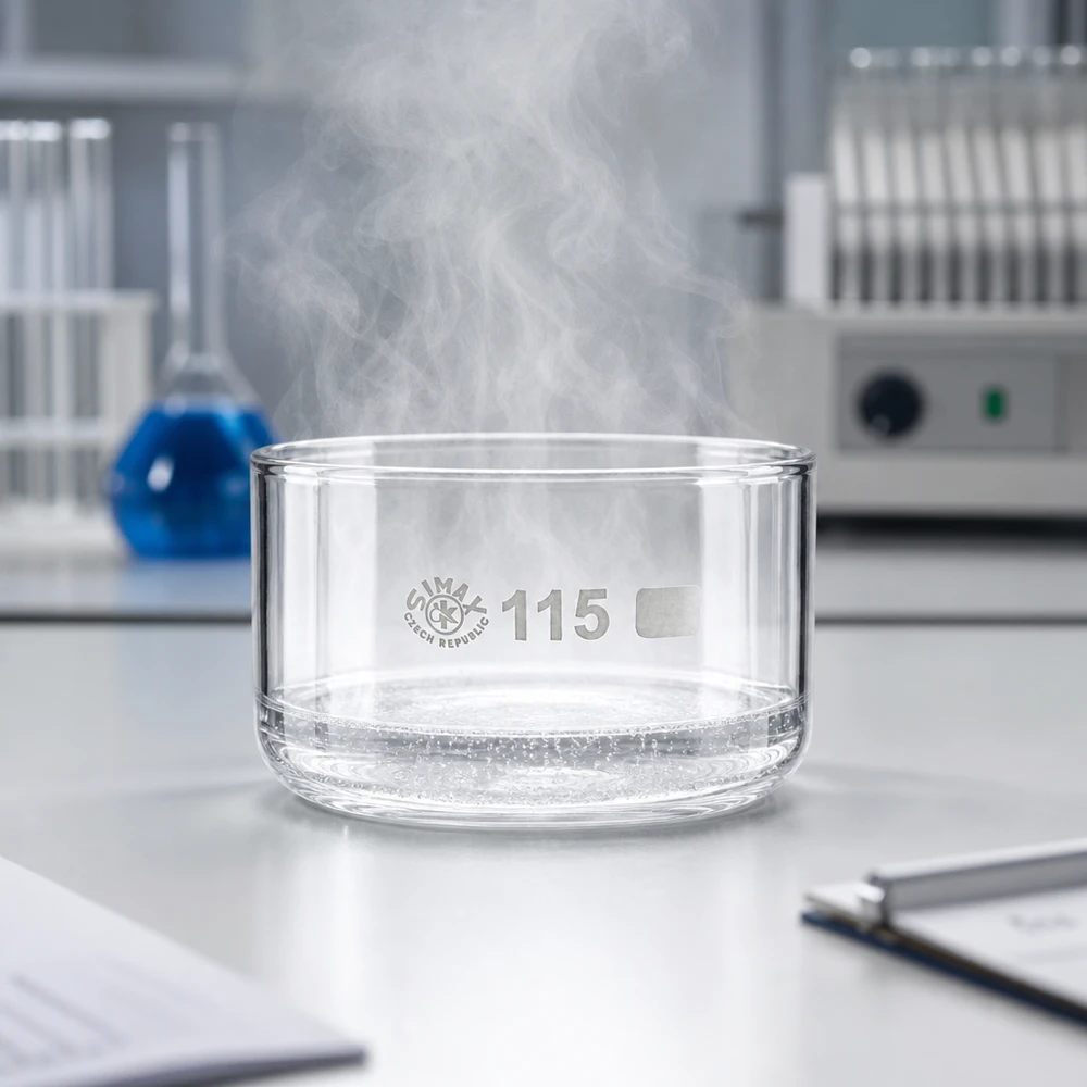 Bandeja de cristalização SIMAX de 500 ml a libertar vapor com água quente sobre uma bancada de laboratório branca