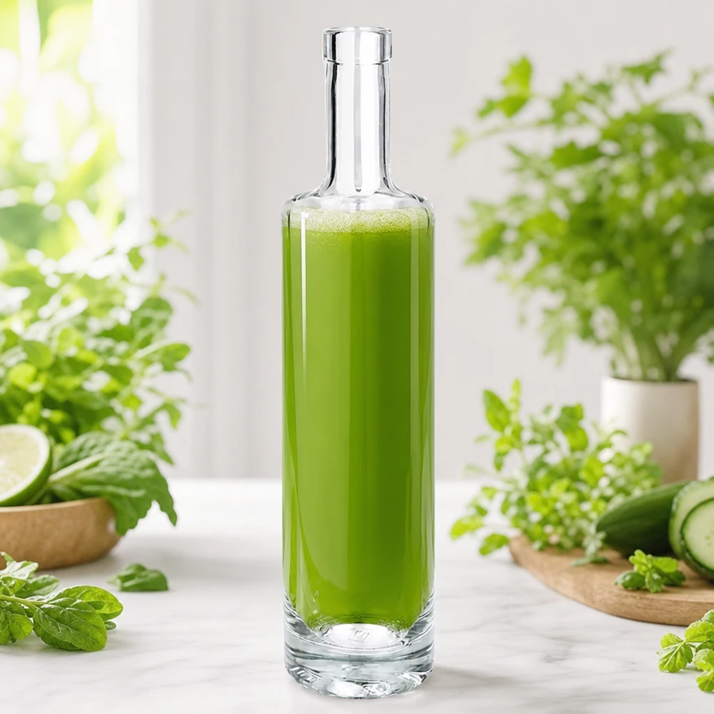500ml Glasflasche "Centurio" ohne Verschluss UNiTWIST® Garrafa de vidro de 500 ml de Lina cheia de batido verde entre ervas e legumes frescos numa cena de cozinha natural